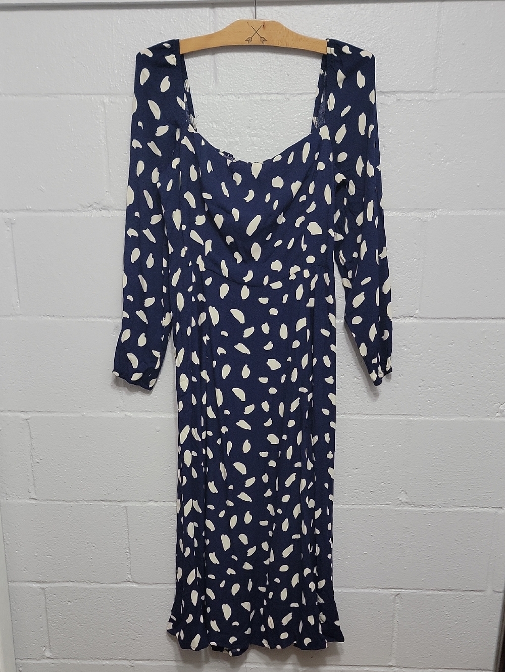 Reformation High Slit Smocked Navy Dress with White Spot Print